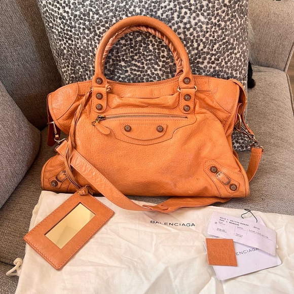 Balenciaga Agneau Classic Hardware Tan Tangerine Le City Bag - Picture 13 of 13